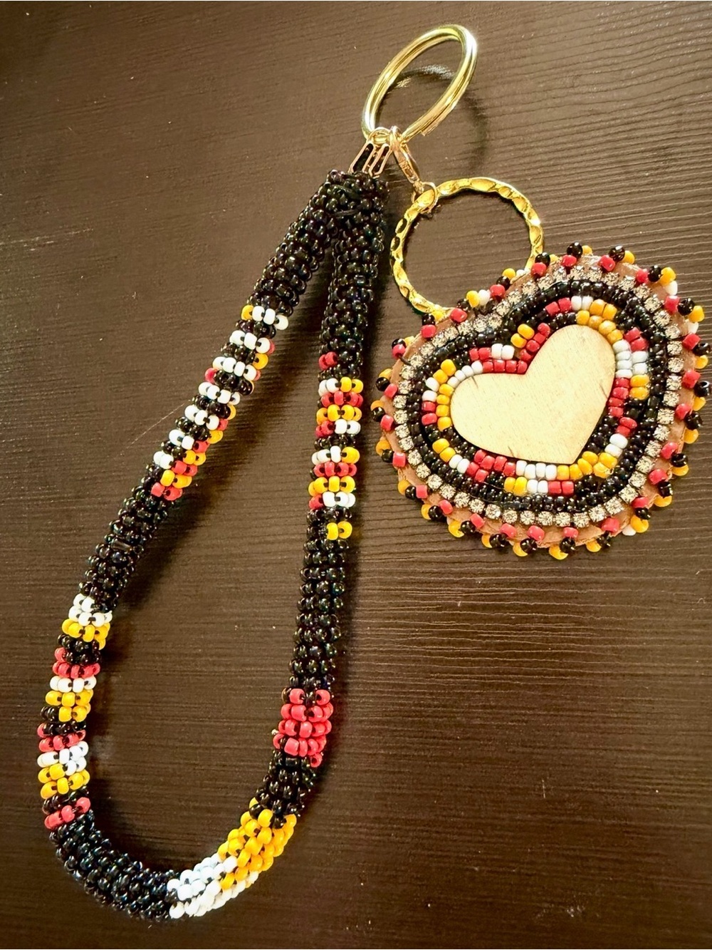 Handmade Beaded Heart Keychain Necklace - Black, Red & Yellow
